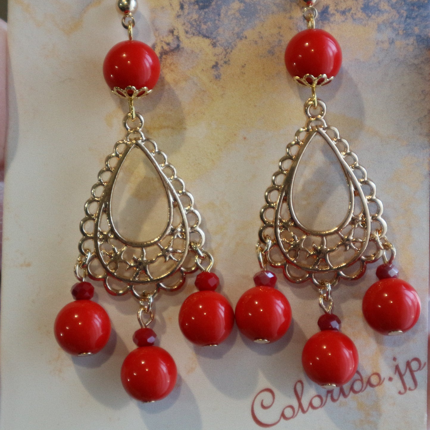 レースしずくチャームのフラメンコピアス(イヤリング)赤