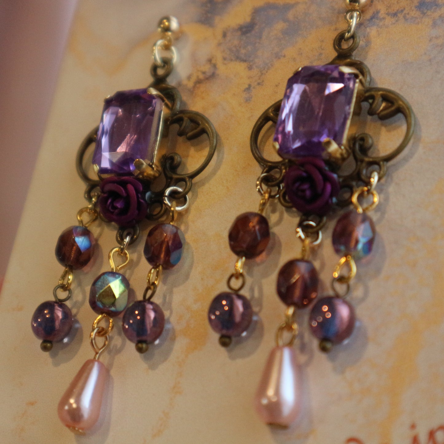 レクタングルビジューのフラメンコピアス(イヤリング)アンティーク&パープル