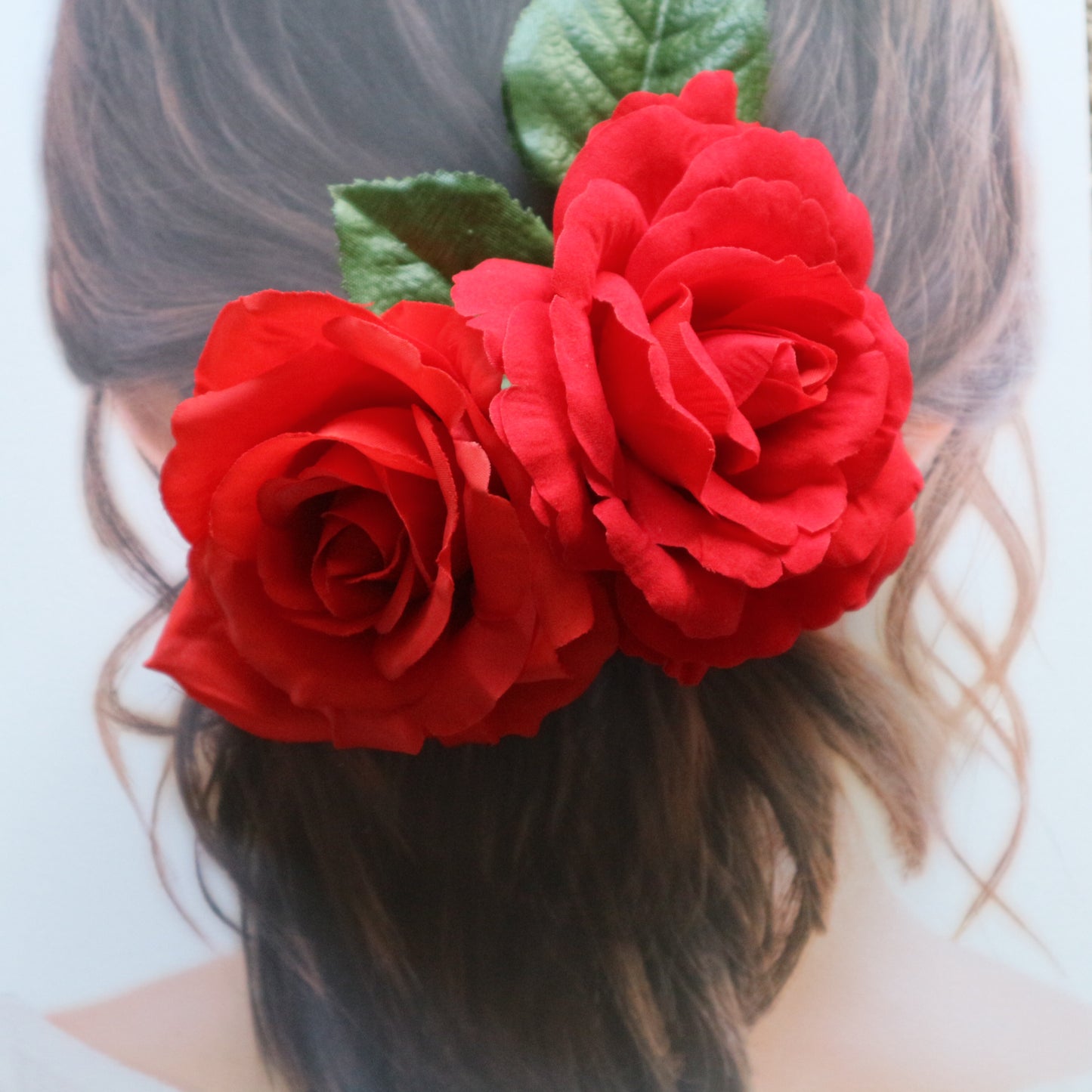 フラメンコ花髪飾り:フローレス ツイン薔薇(赤ベルベット&スカーレット)