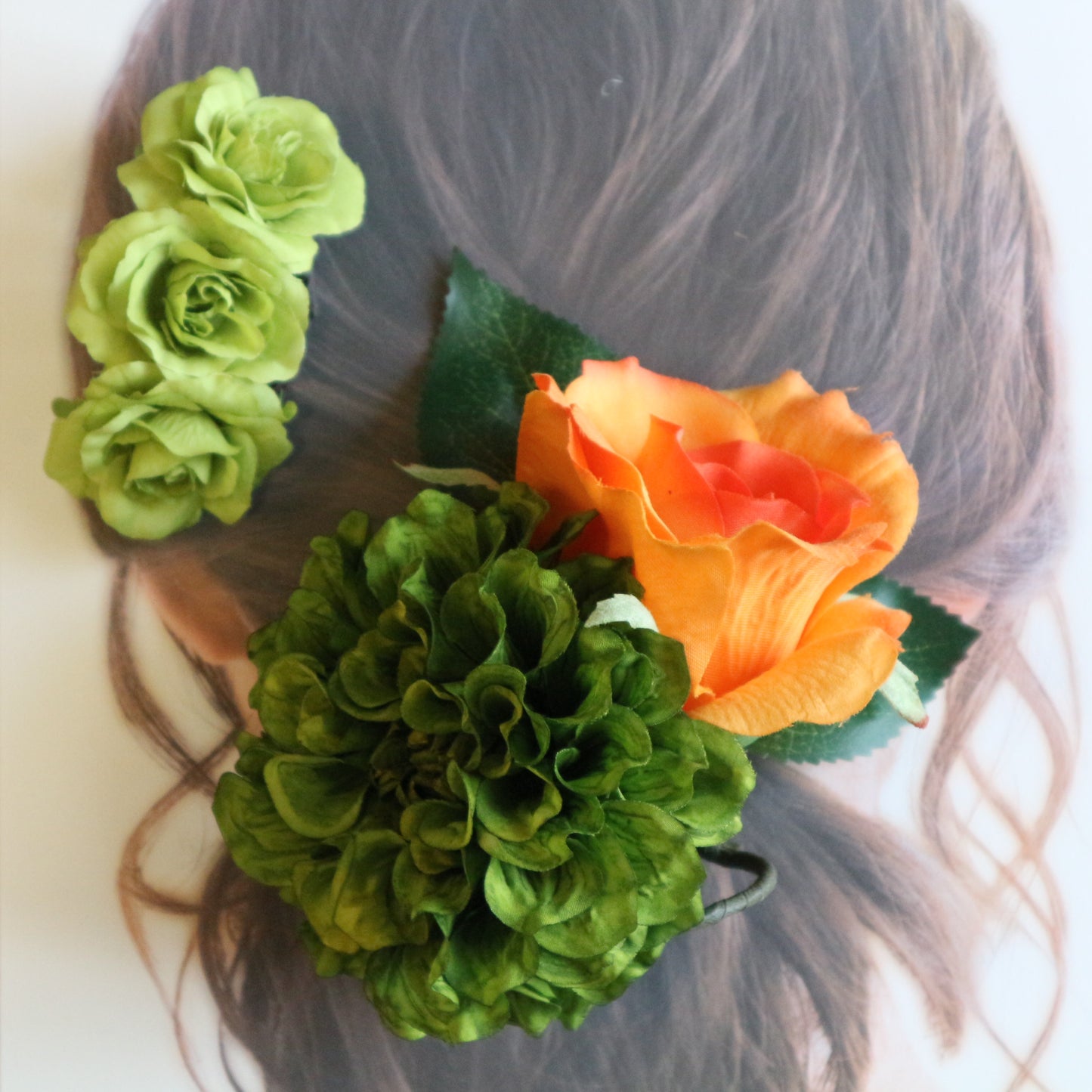 フラメンコ花髪飾り:フローレス(黄緑ダリヤ&オレンジ薔薇とミニ薔薇セット)