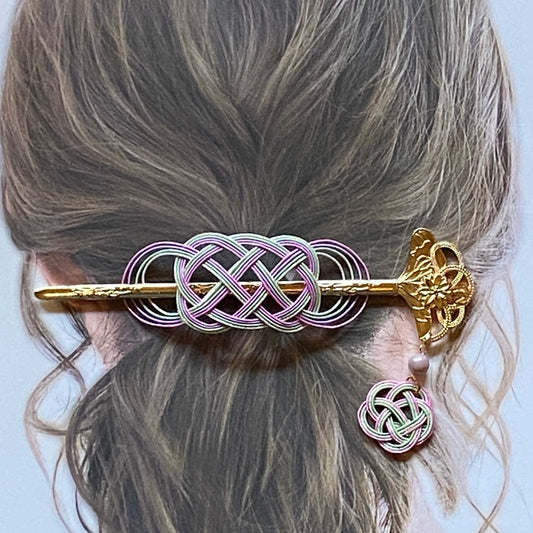 水引マジェステと扇型のかんざし(ピンク＆うす緑)