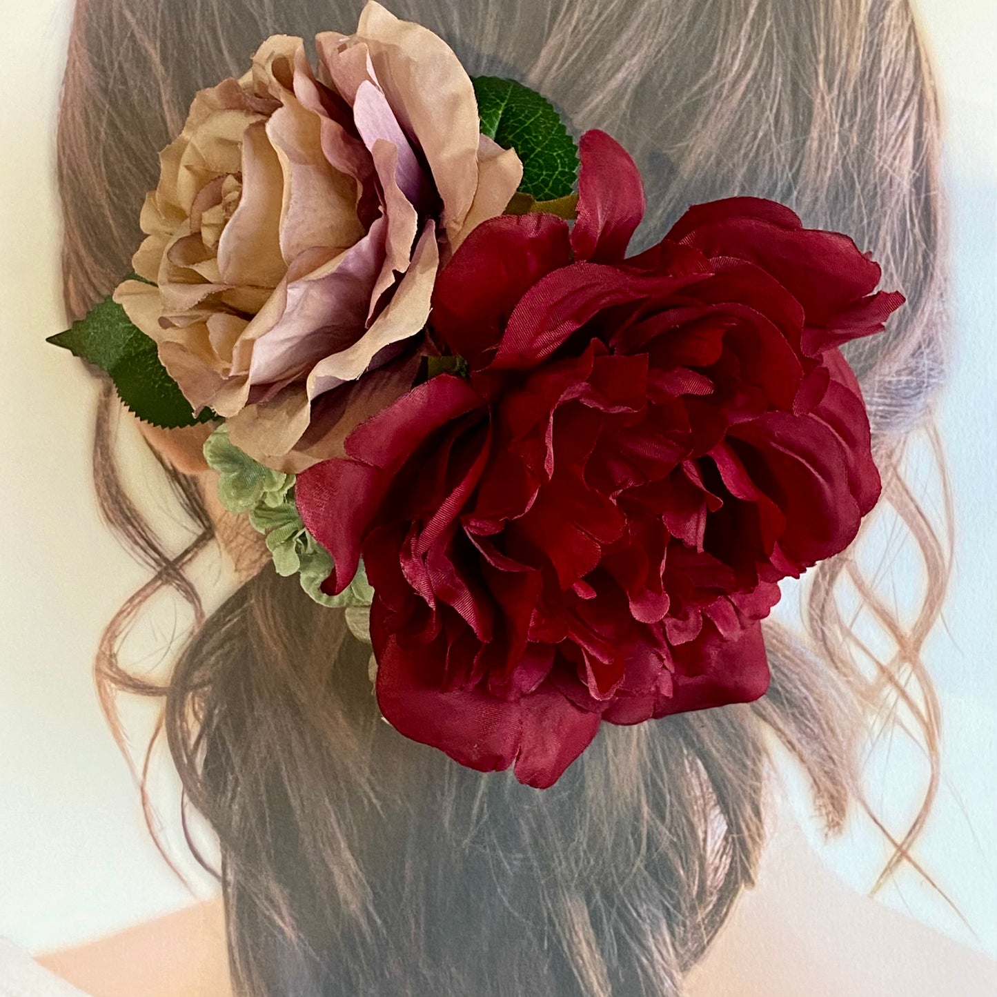 フラメンコ花髪飾り:フローレス(深紅のピオニーと薔薇のブーケ◎1輪づつのセパレート可能)
