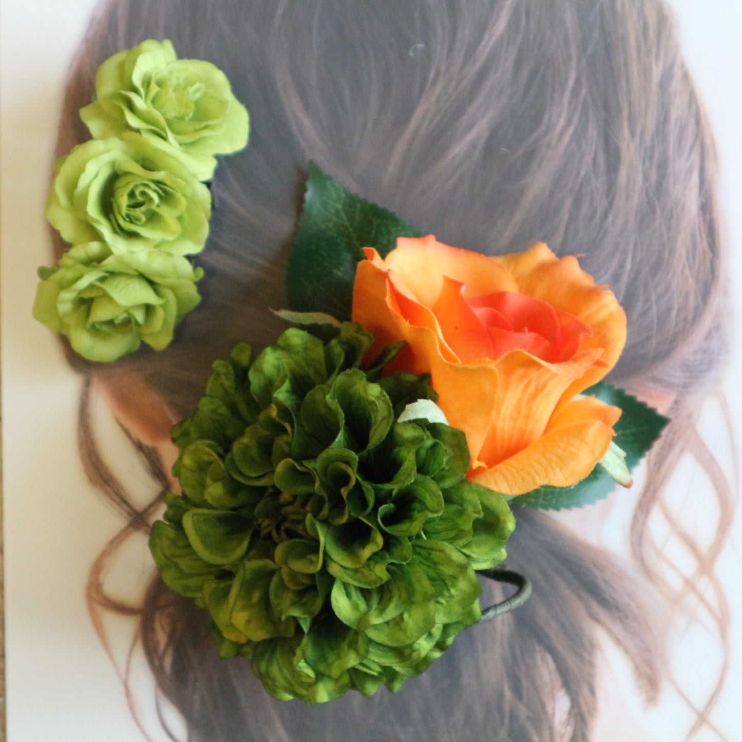 フラメンコ花髪飾り:フローレス(黄緑ダリヤ&オレンジ薔薇とミニ薔薇セット)