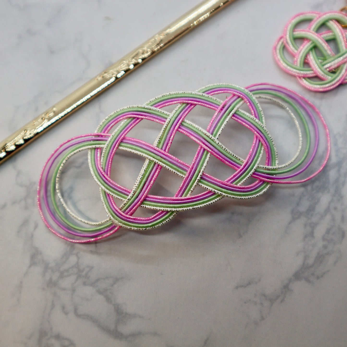 水引マジェステと扇型のかんざし(ピンク＆うす緑)