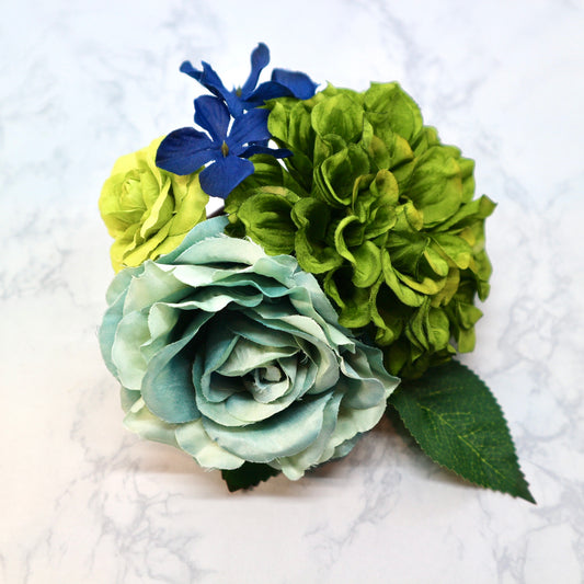 フラメンコ花髪飾り:フローレス(イエローグリーン&くすみブルーのブーケ)