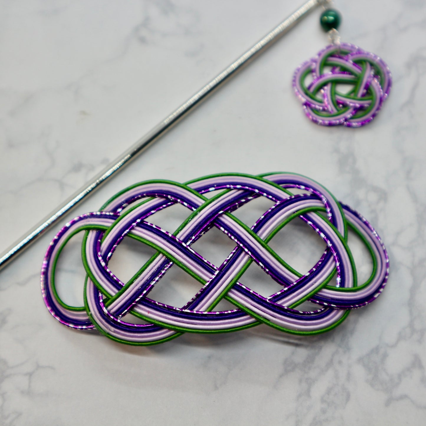 水引のマジェステとかんざし(銀紫、紫、薄紫、緑)