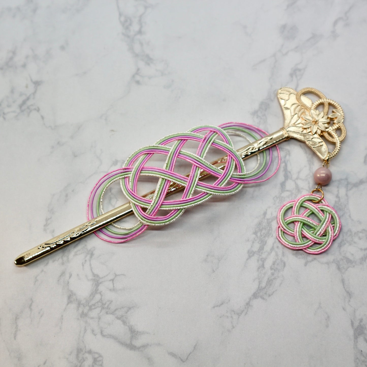 水引マジェステと扇型のかんざし(ピンク＆うす緑)