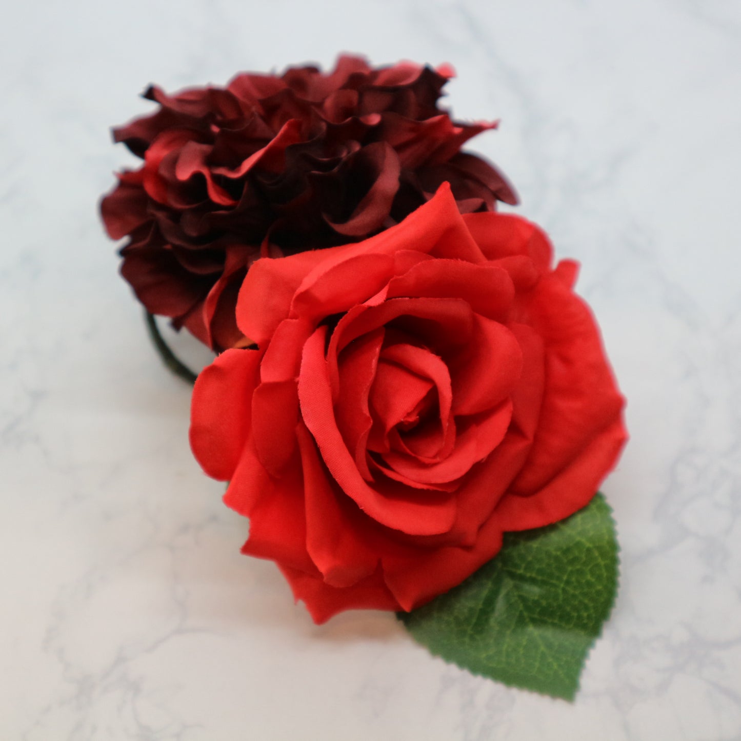 フラメンコ花髪飾り:フローレス ツイン(ボルドーダリヤ＆スカーレット薔薇)