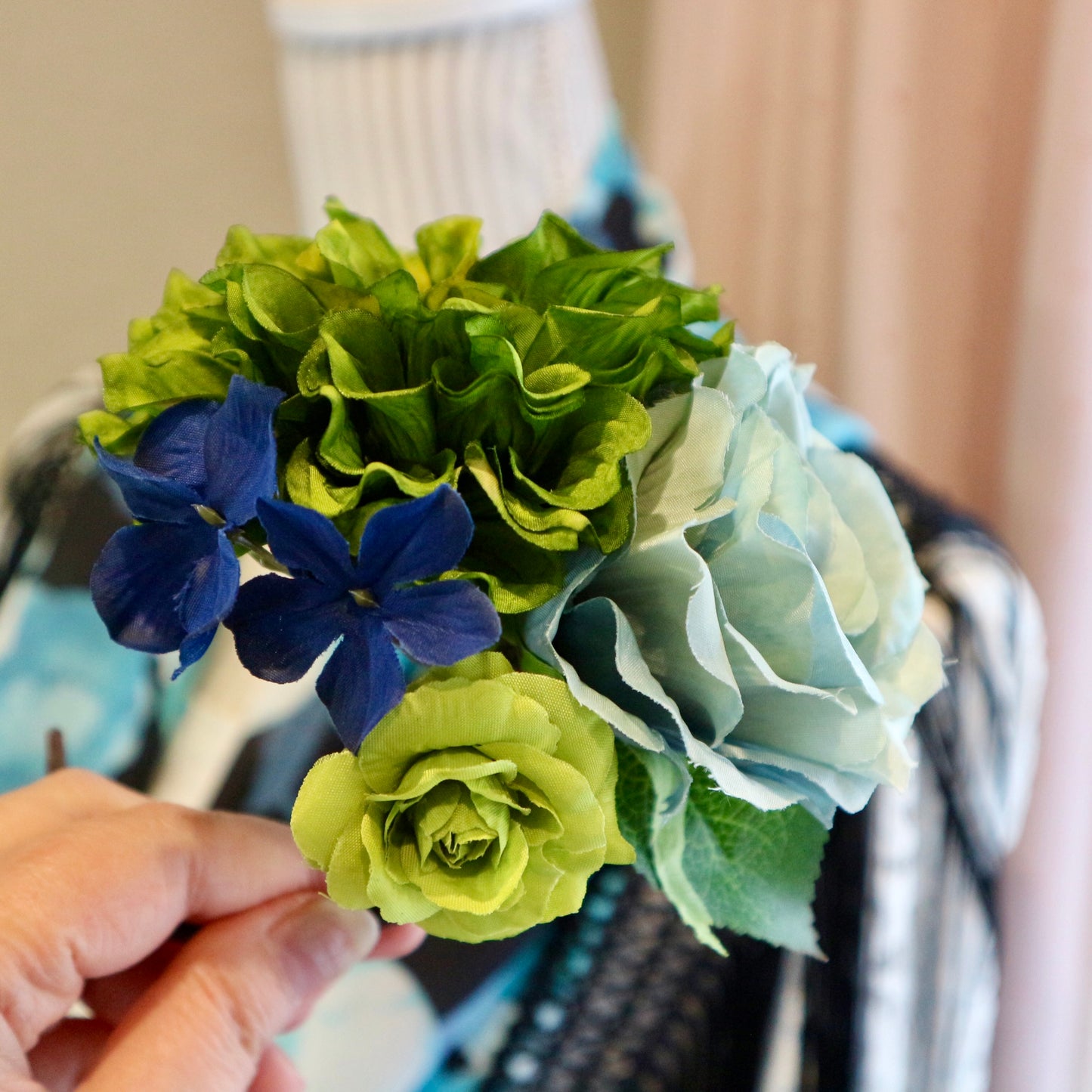 フラメンコ花髪飾り:フローレス(イエローグリーン&くすみブルーのブーケ)