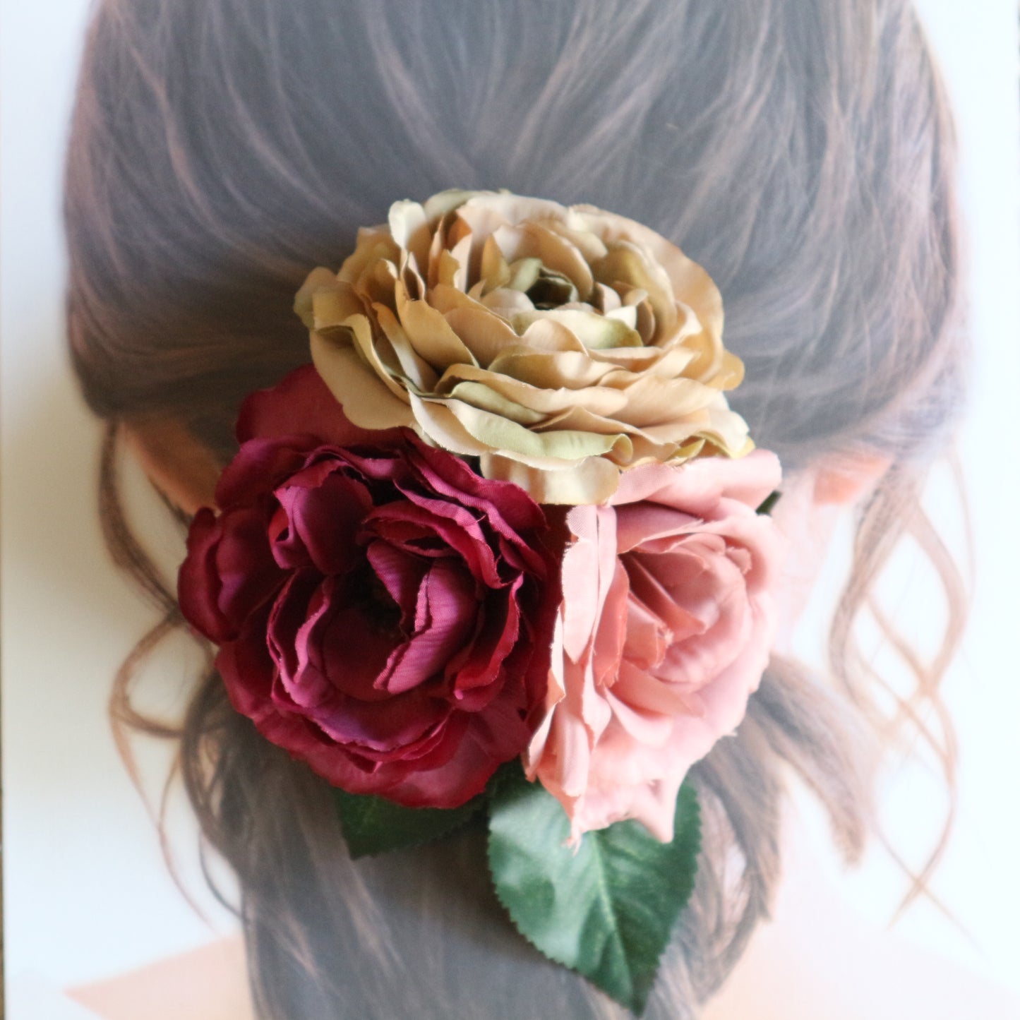 フラメンコ花髪飾り:フローレス(モーブ、ダークピンク＆ベージュのブーケ)