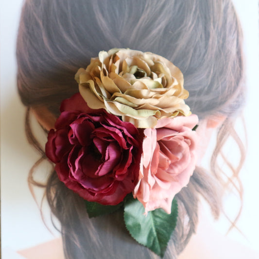 フラメンコ花髪飾り:フローレス(モーブ、ダークピンク＆ベージュのブーケ)