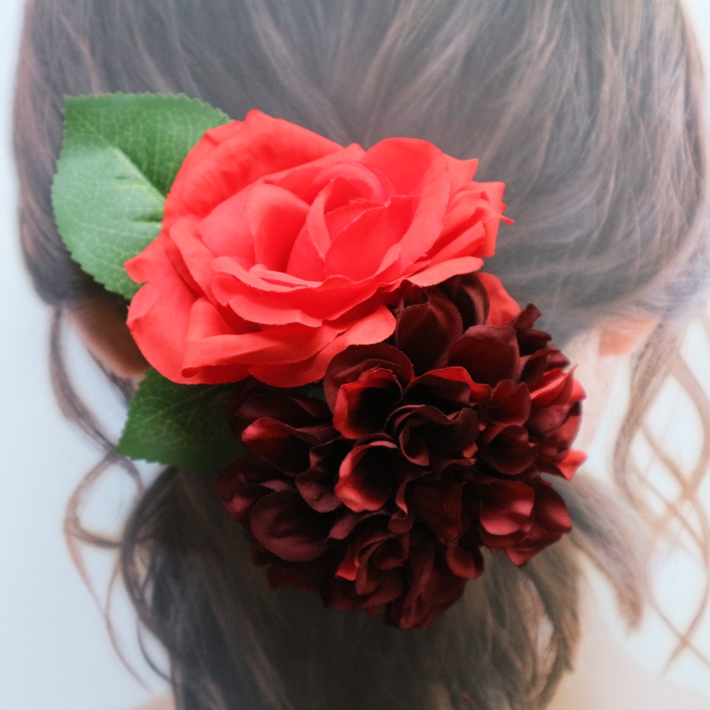 フラメンコ花髪飾り:フローレス ツイン(ボルドーダリヤ＆スカーレット薔薇)