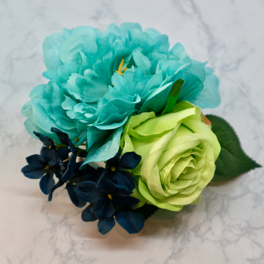 フラメンコ花髪飾り:フローレス(ブルーのピオニーと薔薇のブーケ)