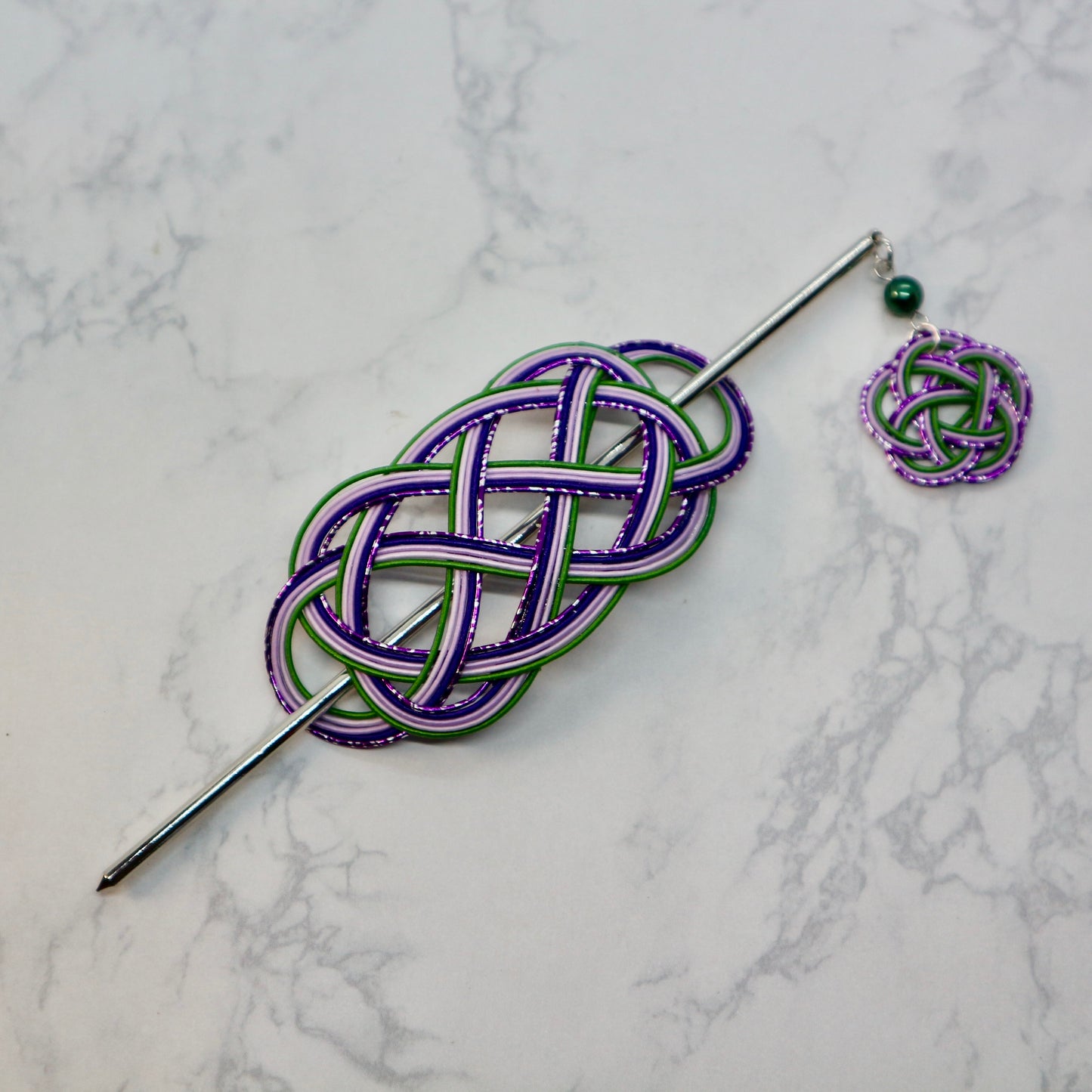 水引のマジェステとかんざし(銀紫、紫、薄紫、緑)