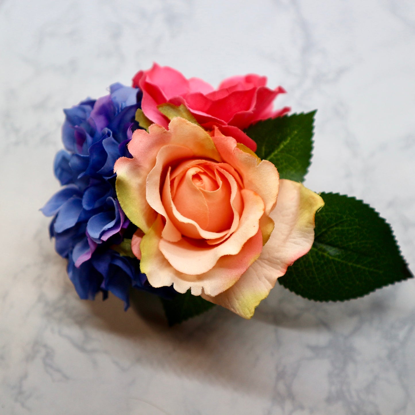 フラメンコ花髪飾り:フローレス(淡いピンク薔薇、ピンクと青紫のブーケ)