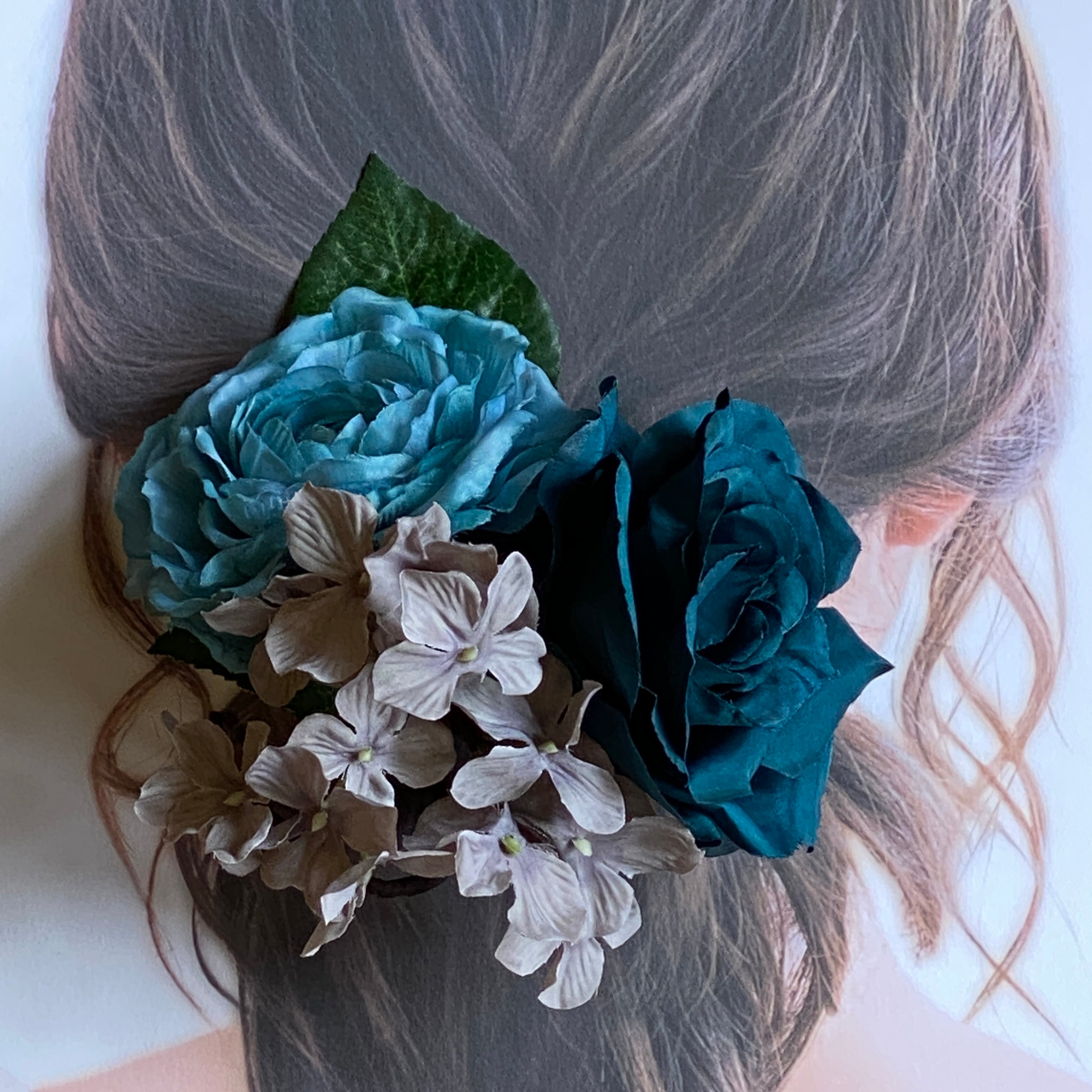 フラメンコ花髪飾り:フローレス(マリンブルーとグレージュのブーケ 