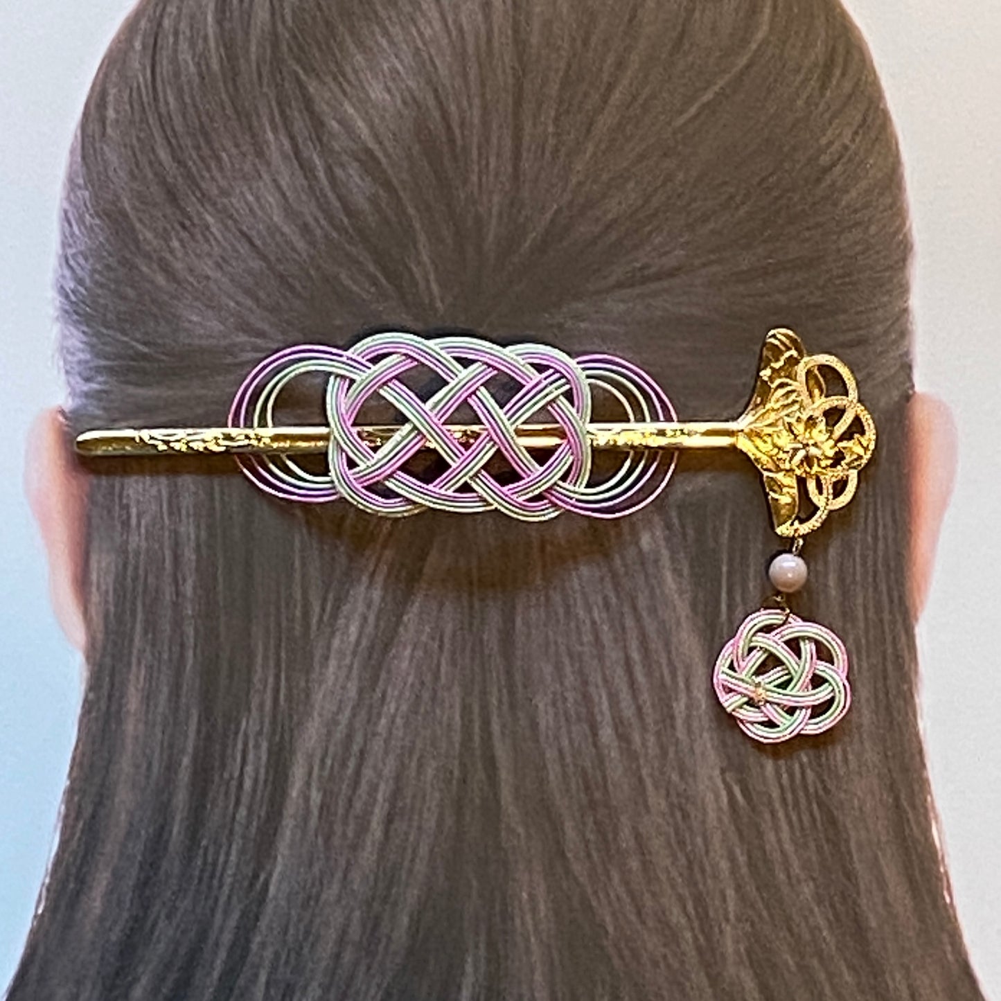 水引マジェステと扇型のかんざし(ピンク＆うす緑)