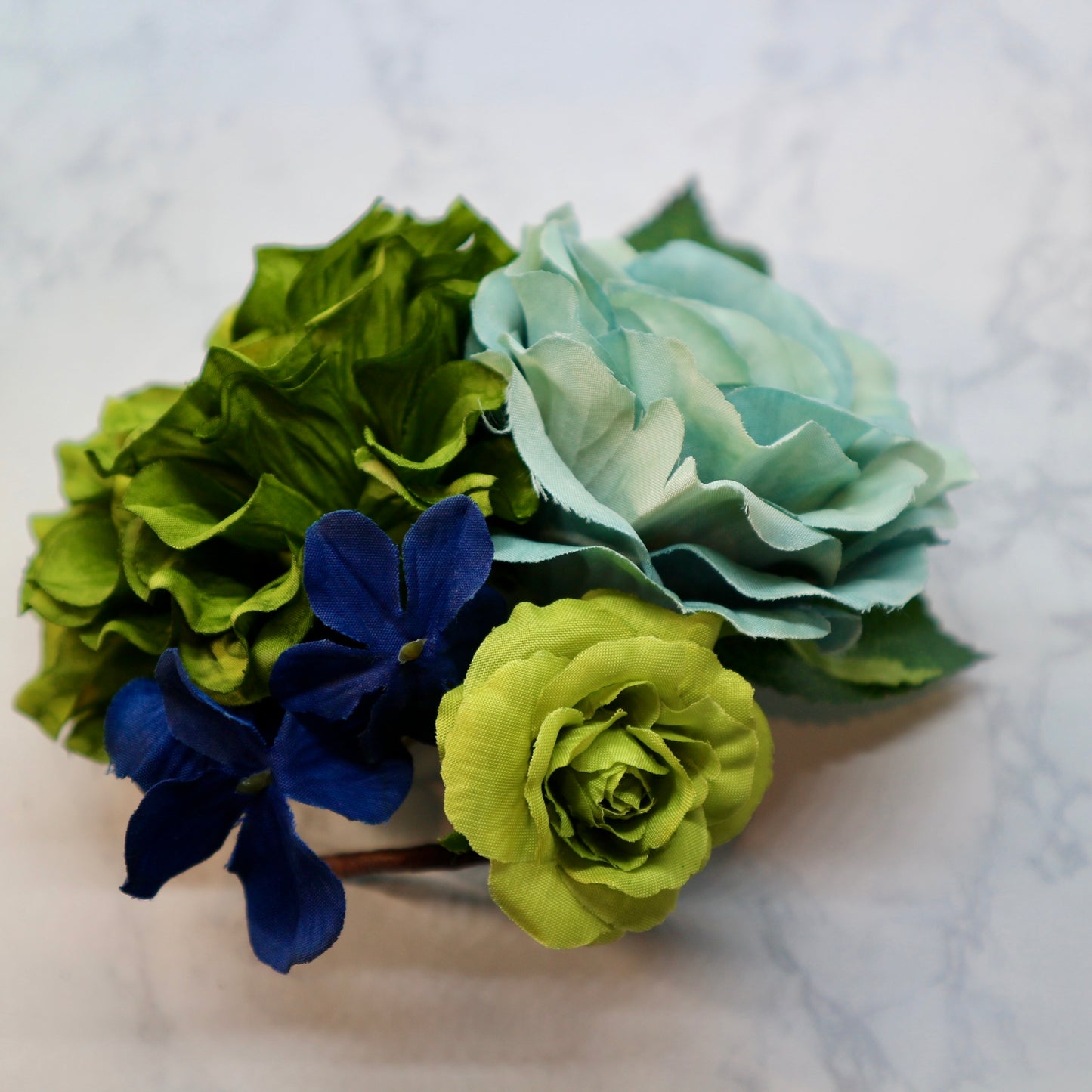 フラメンコ花髪飾り:フローレス(イエローグリーン&くすみブルーのブーケ)