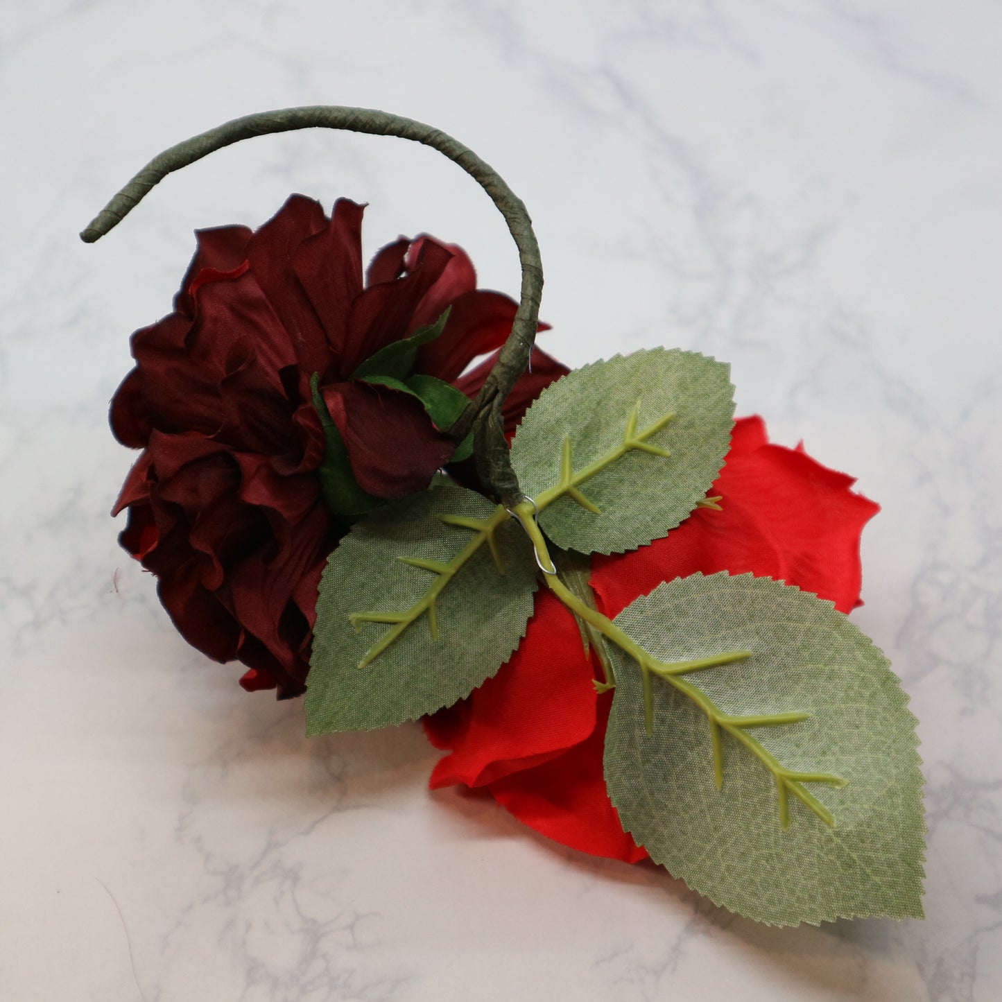 フラメンコ花髪飾り:フローレス ツイン(ボルドーダリヤ＆スカーレット薔薇)