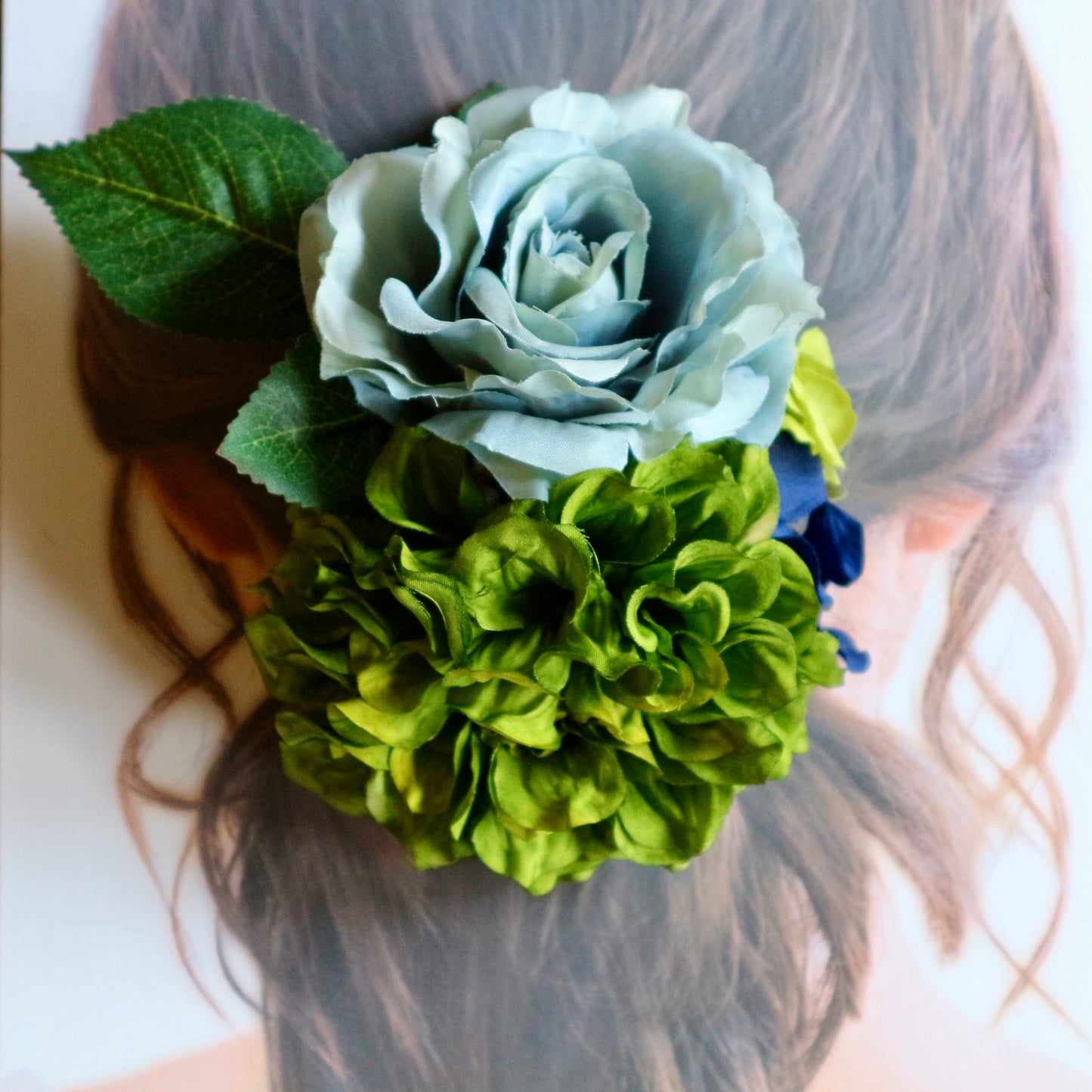 フラメンコ花髪飾り:フローレス(イエローグリーン&くすみブルーのブーケ)