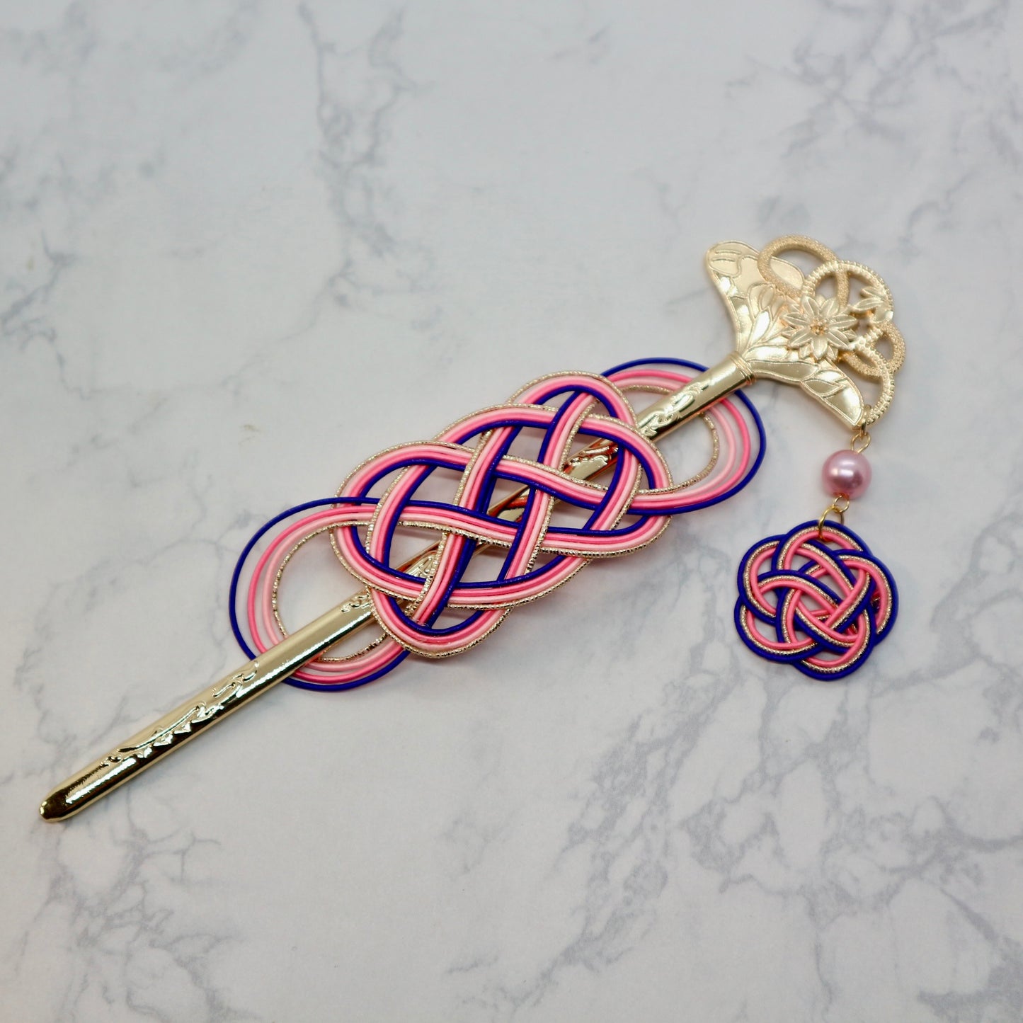 水引マジェステと扇型のかんざし(紫、ピンク、ゴールド)