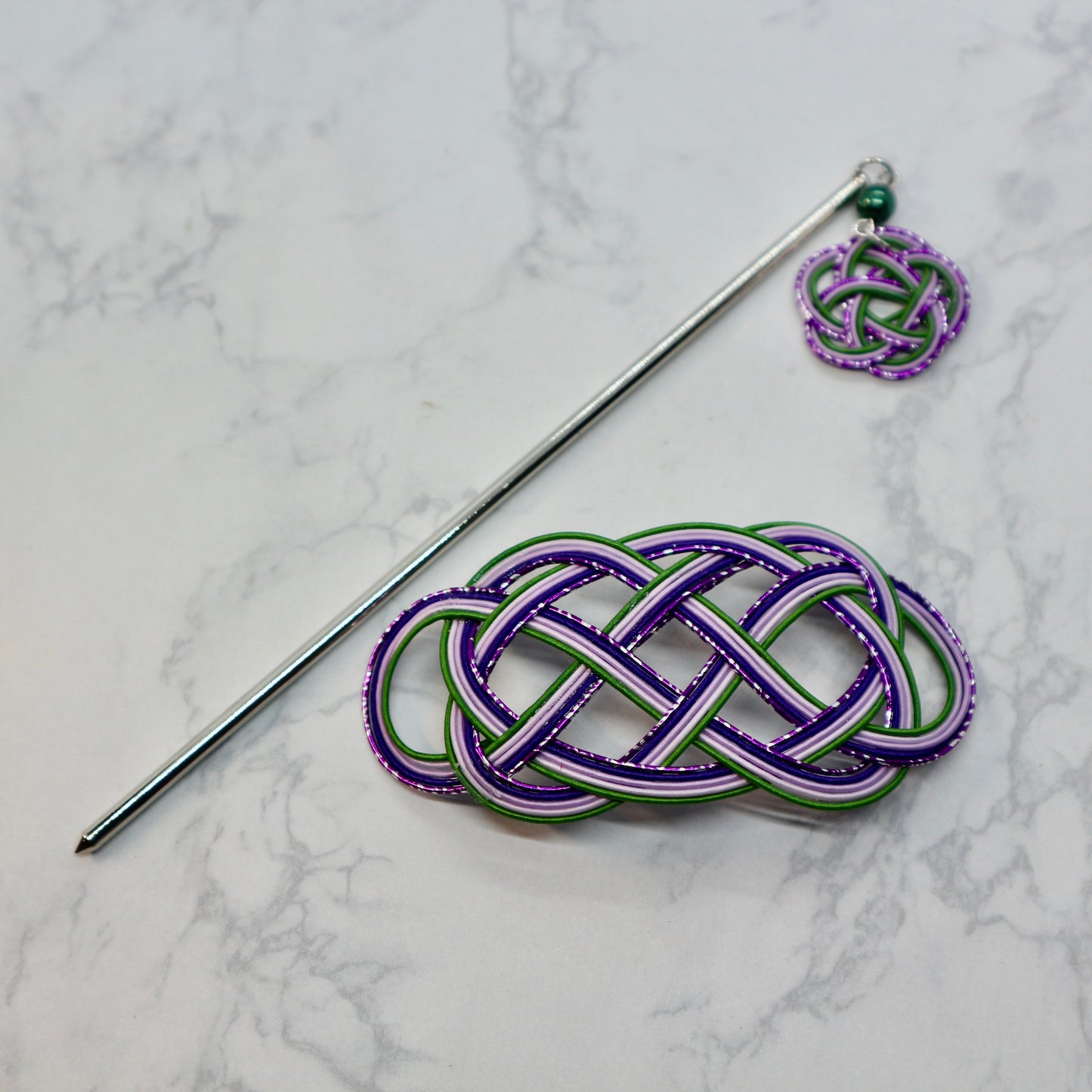 水引のマジェステとかんざし(銀紫、紫、薄紫、緑)