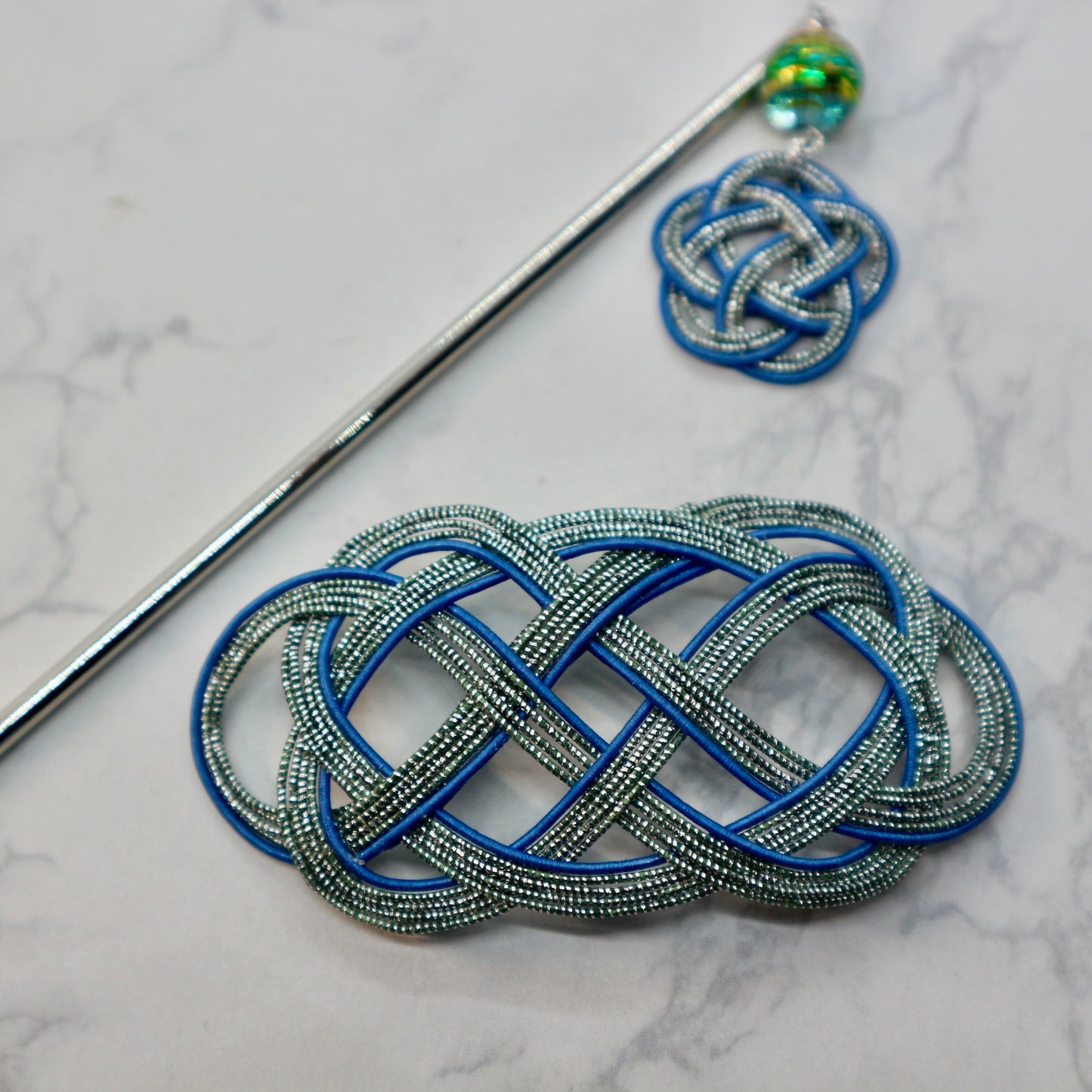 水引のマジェステとかんざし(ブルーとシルバー)