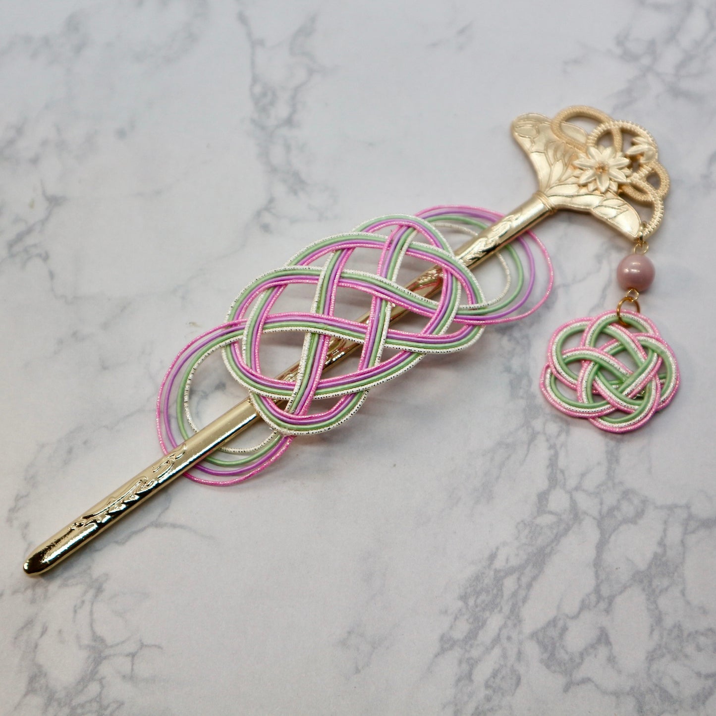 水引マジェステと扇型のかんざし(ピンク＆うす緑)