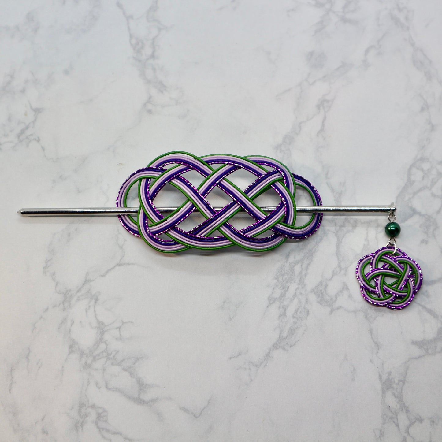 水引のマジェステとかんざし(銀紫、紫、薄紫、緑)