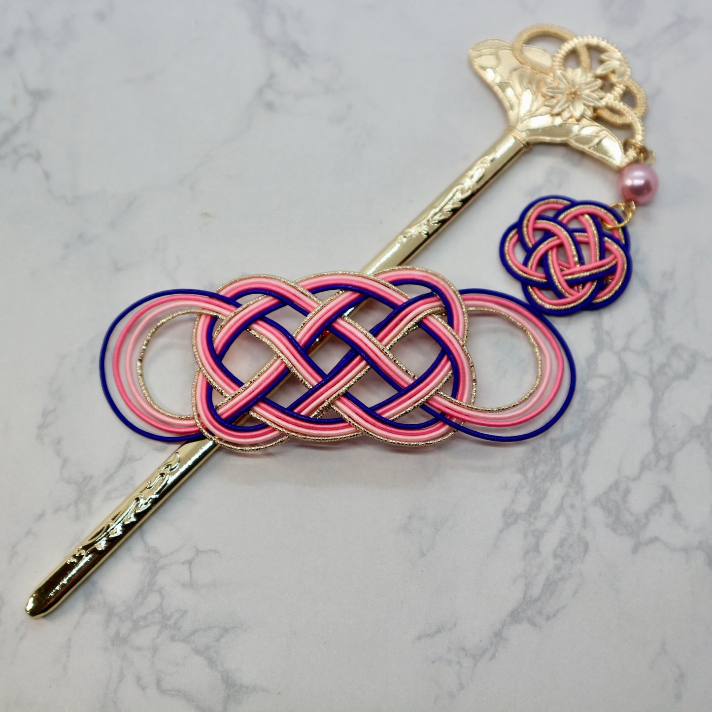 水引マジェステと扇型のかんざし(紫、ピンク、ゴールド)