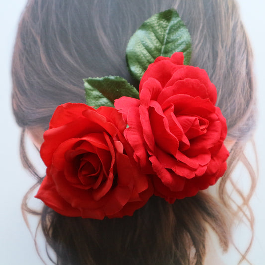 フラメンコ花髪飾り:フローレス ツイン薔薇(赤ベルベット＆スカーレット)