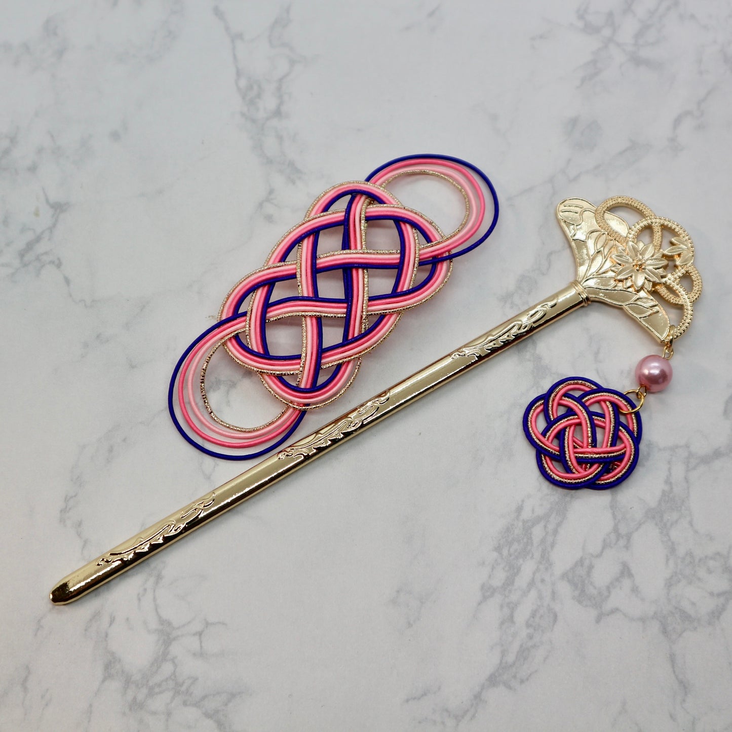 水引マジェステと扇型のかんざし(紫、ピンク、ゴールド)