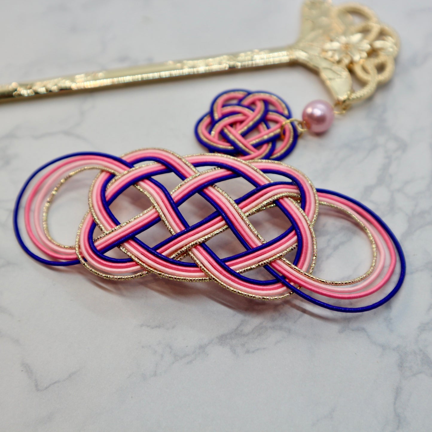 水引マジェステと扇型のかんざし(紫、ピンク、ゴールド)