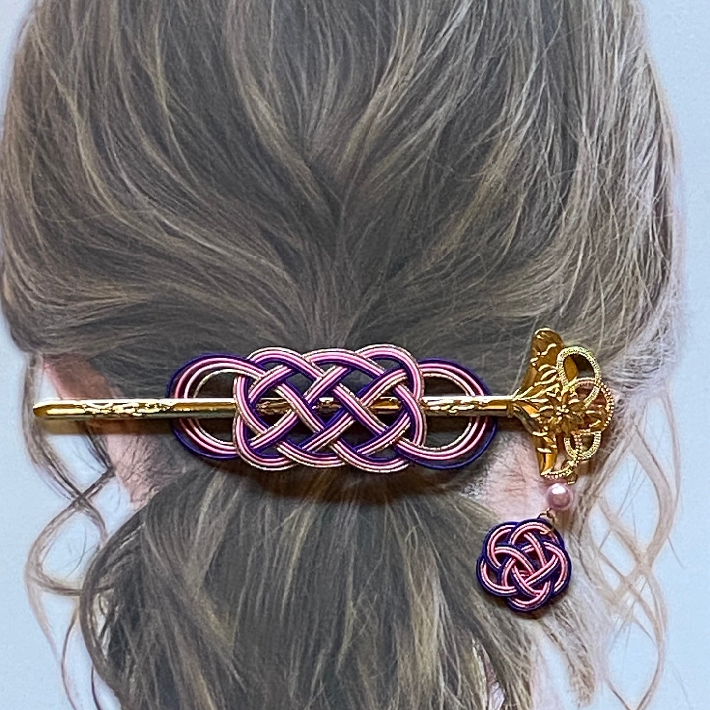水引マジェステと扇型のかんざし(紫、ピンク、ゴールド)