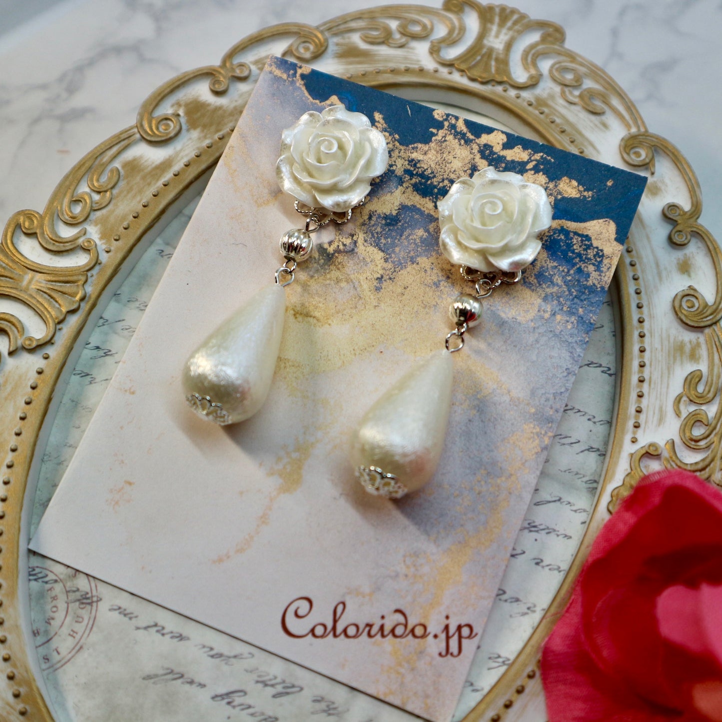 ＜２点限定＞パールホワイトの薔薇＆大ぶりドロップのイヤリング(ピアス)