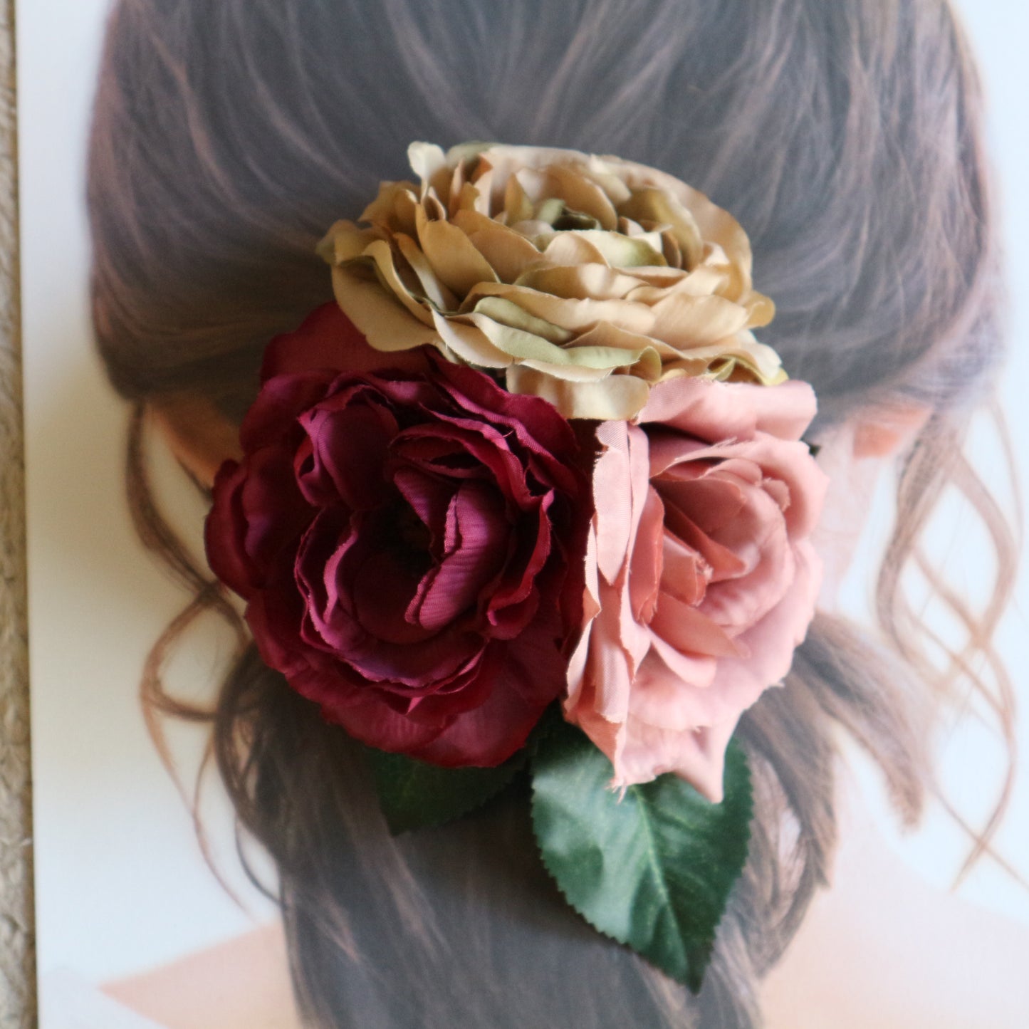 フラメンコ花髪飾り:フローレス(モーブ、ダークピンク＆ベージュのブーケ)