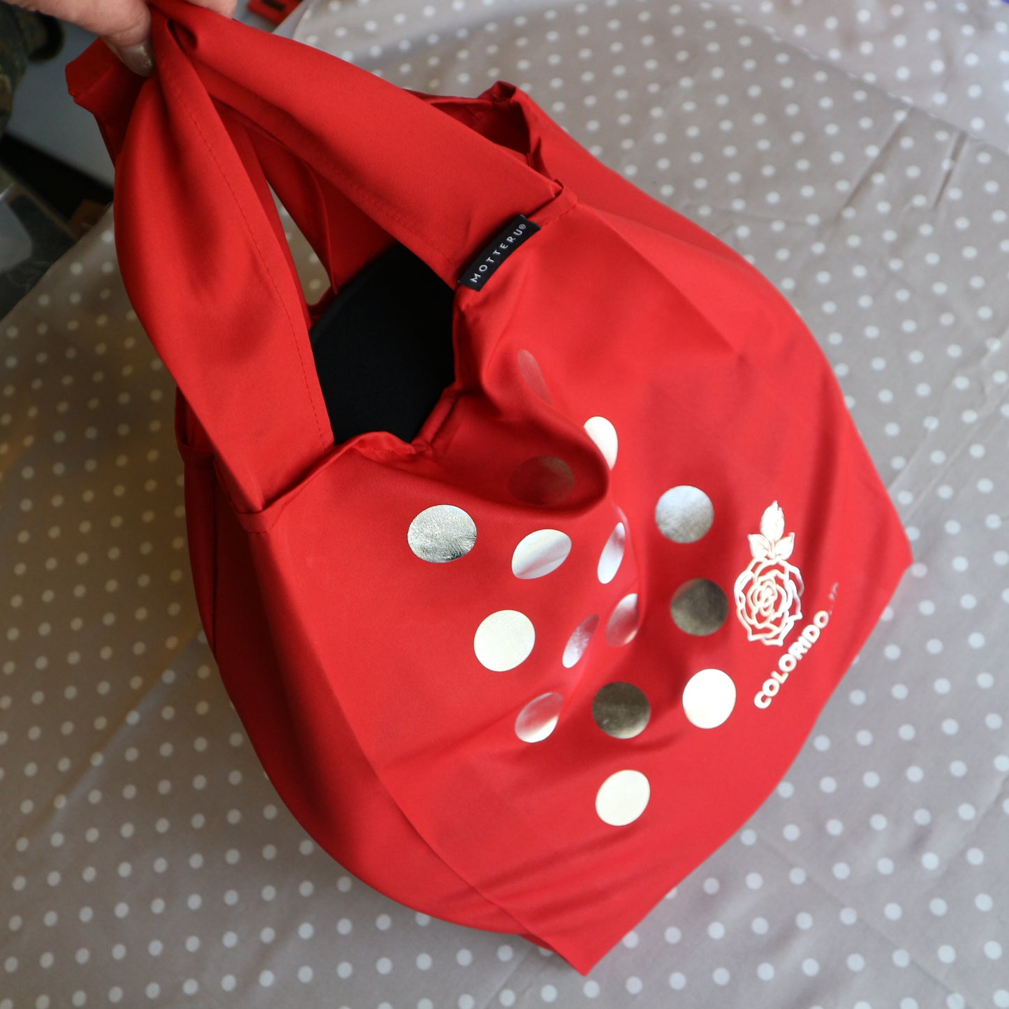 コルドベス帽子がすっぽり入るドット＆薔薇オリジナルデザイン赤エコバッグ(ゴールド/シルバー)