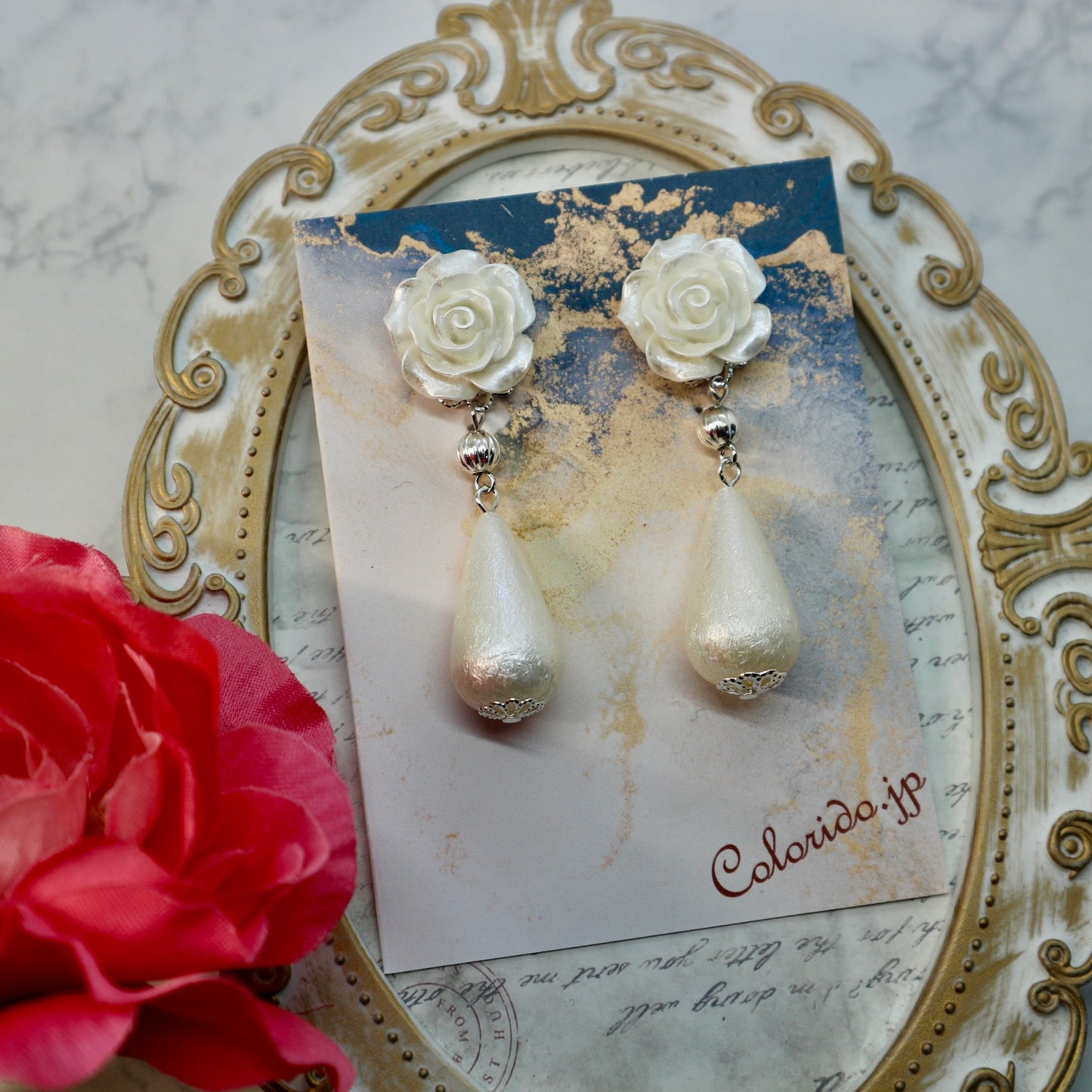 ＜２点限定＞パールホワイトの薔薇＆大ぶりドロップのイヤリング(ピアス)