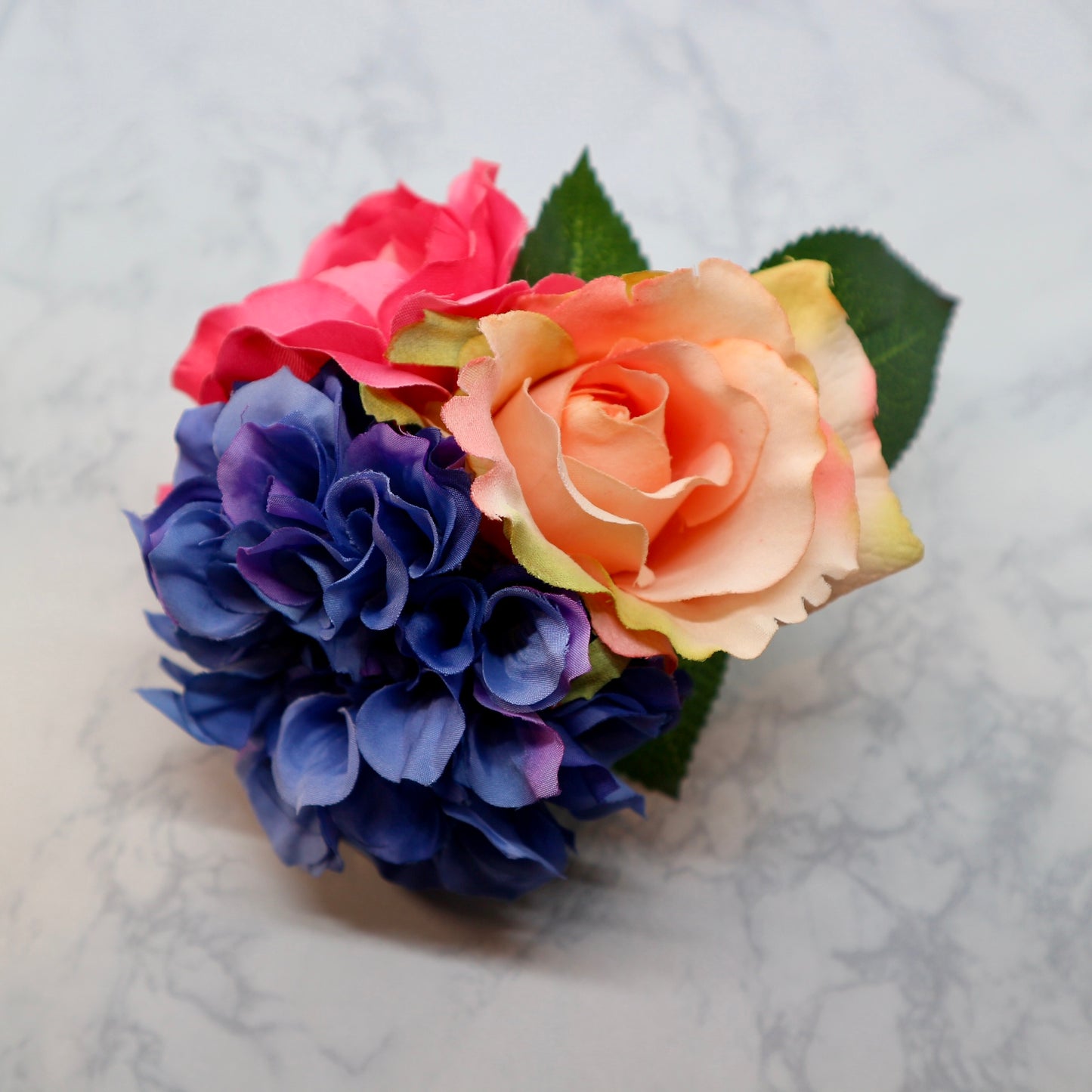 フラメンコ花髪飾り:フローレス(淡いピンク薔薇、ピンクと青紫のブーケ)