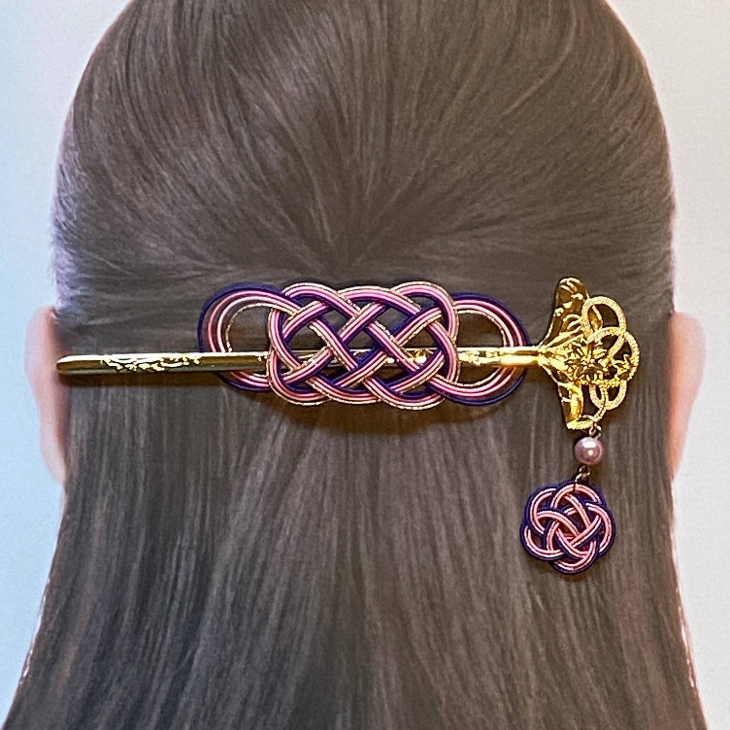 水引マジェステと扇型のかんざし(紫、ピンク、ゴールド)