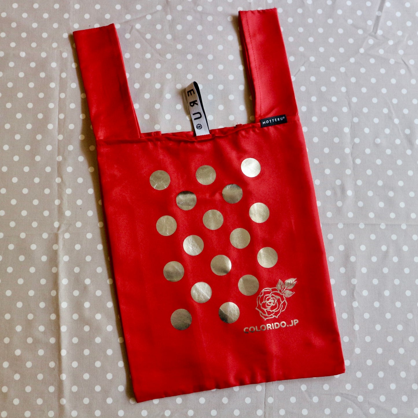 コルドベス帽子がすっぽり入るドット＆薔薇オリジナルデザイン赤エコバッグ(ゴールド/シルバー)