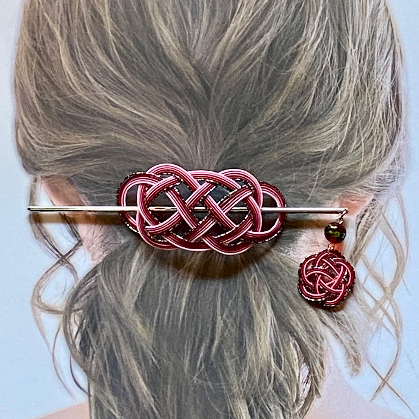 水引のマジェステとかんざし(銀黒とピンク)