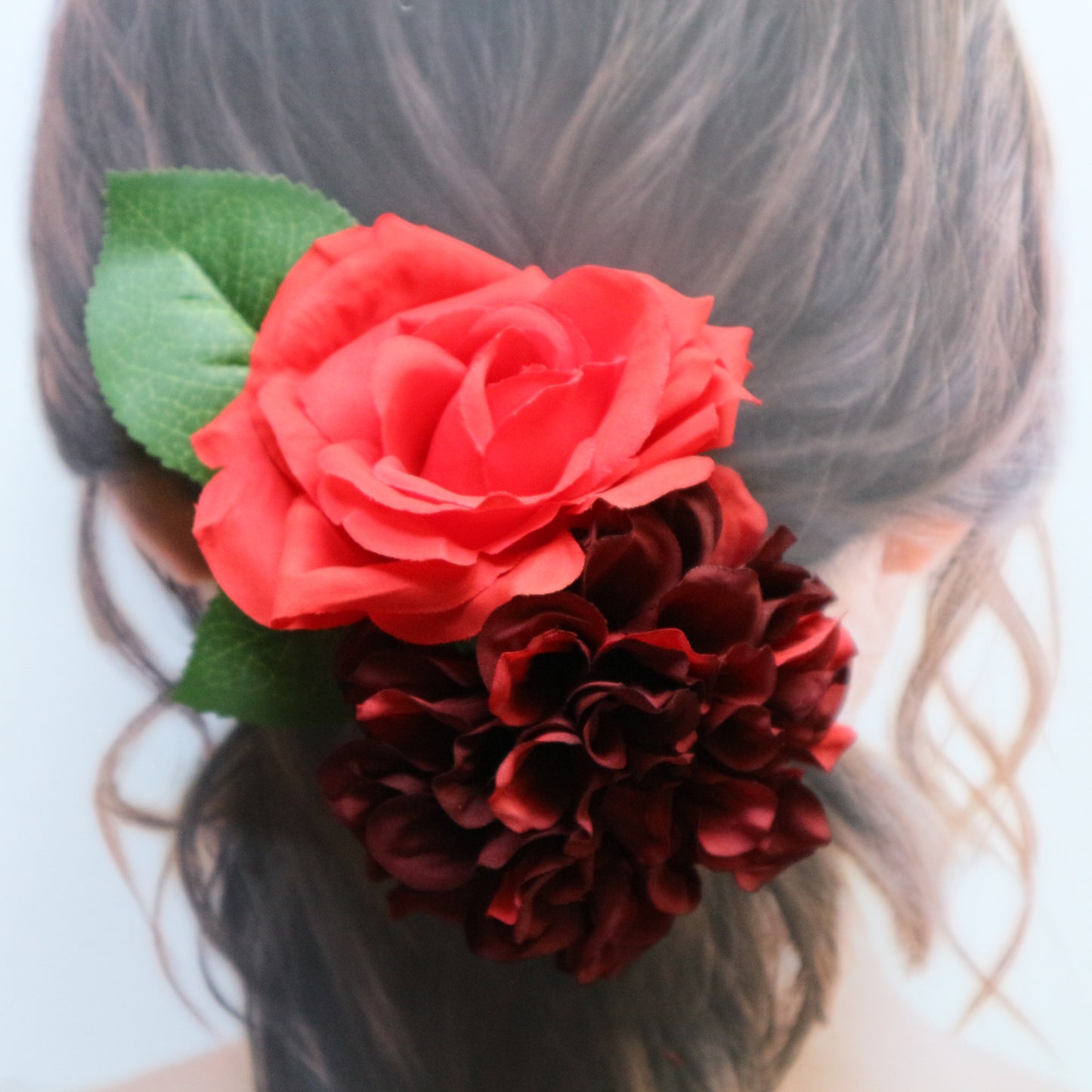 フラメンコ花髪飾り:フローレス ツイン(ボルドーダリヤ＆スカーレット薔薇)