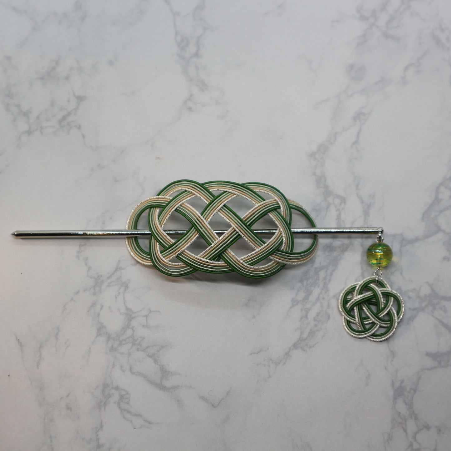 水引のマジェステとかんざし(グリーンとシルバー)